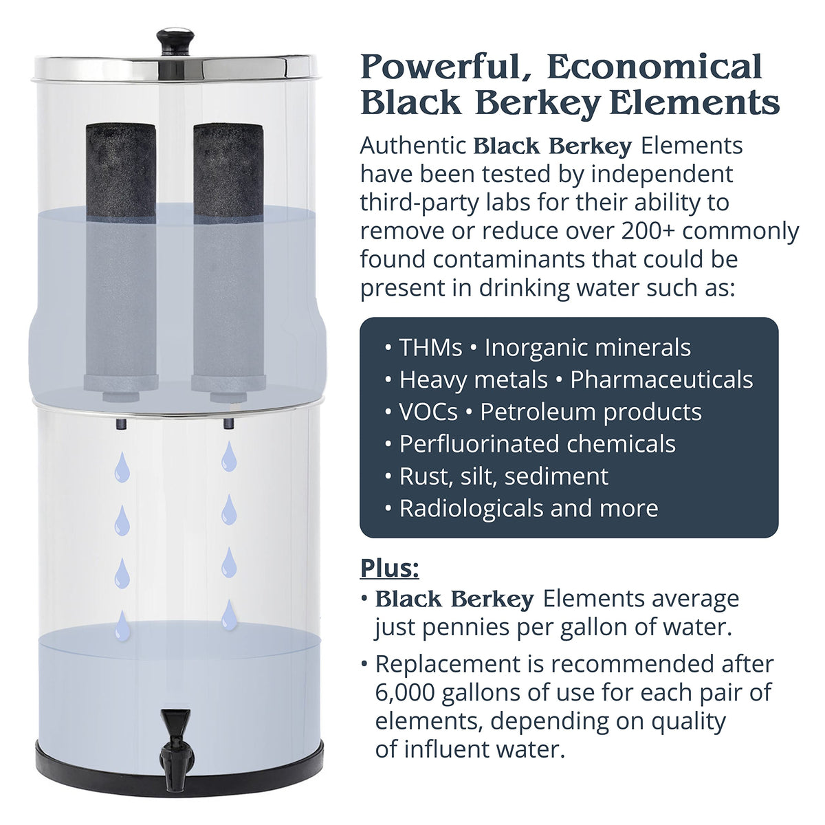 Royal Berkey Schwerkraft-gefüttertes Wasserfiltersystem mit 2 Black Berkey Elementen Plus Deluxe 10' Stainless Steel Berkey Water View Spigot