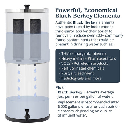 Royal Berkey Schwerkraft-gefüttertes Wasserfiltersystem mit 2 Black Berkey Elementen Plus Deluxe 10' Stainless Steel Berkey Water View Spigot