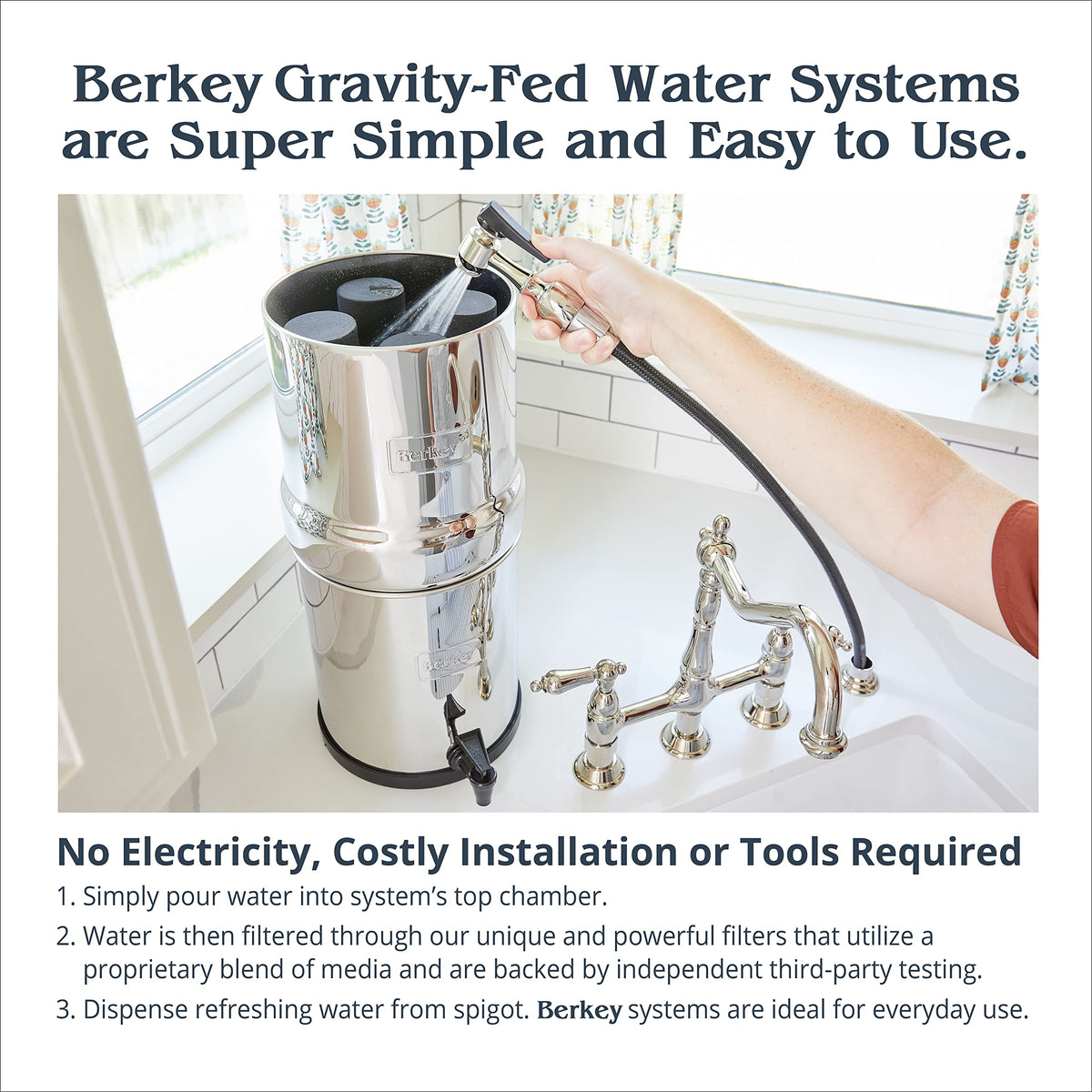 Royal Berkey Schwerkraft-gefüttertes Wasserfiltersystem mit 2 Black Berkey Elementen Plus Deluxe 10' Stainless Steel Berkey Water View Spigot