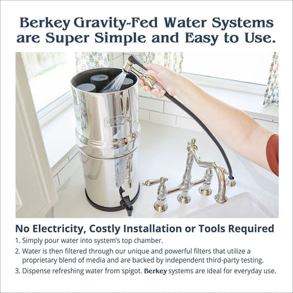 Royal Berkey Schwerkraft-gefüttertes Wasserfiltersystem mit 2 Black Berkey Elementen Plus Deluxe 10' Stainless Steel Berkey Water View Spigot